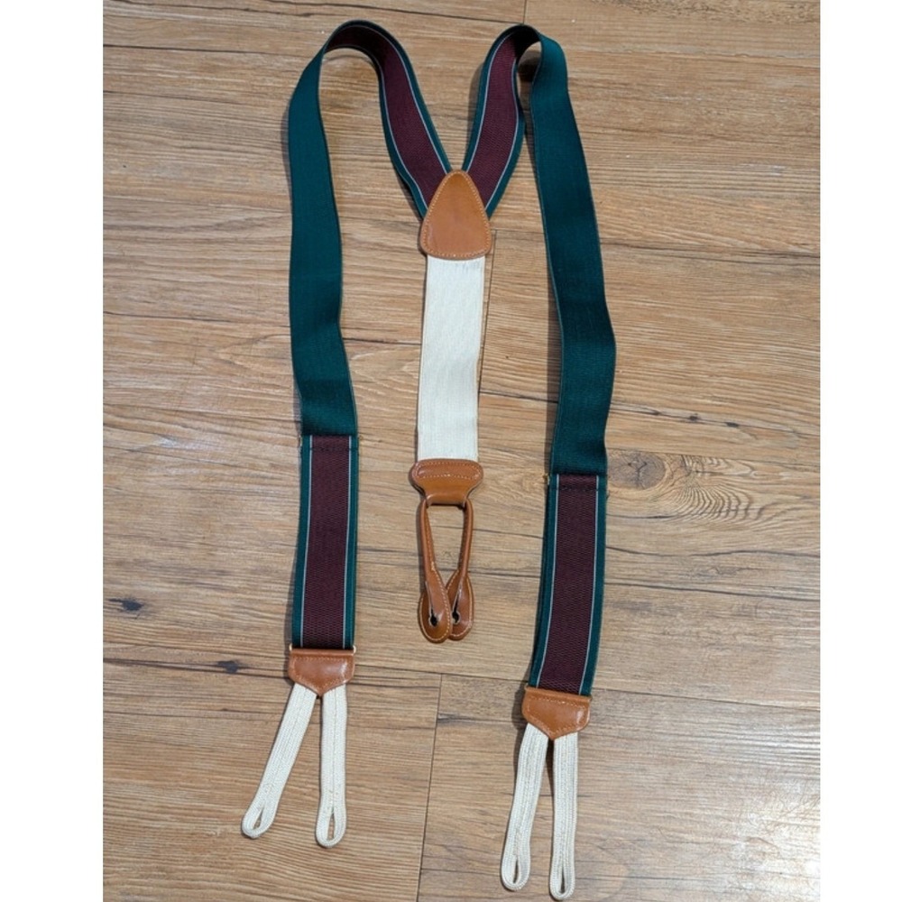Trafalgar Mens Suspenders Striped Hunter Green Burgundy Button End Braces Y-Back - Picture 5 of 7